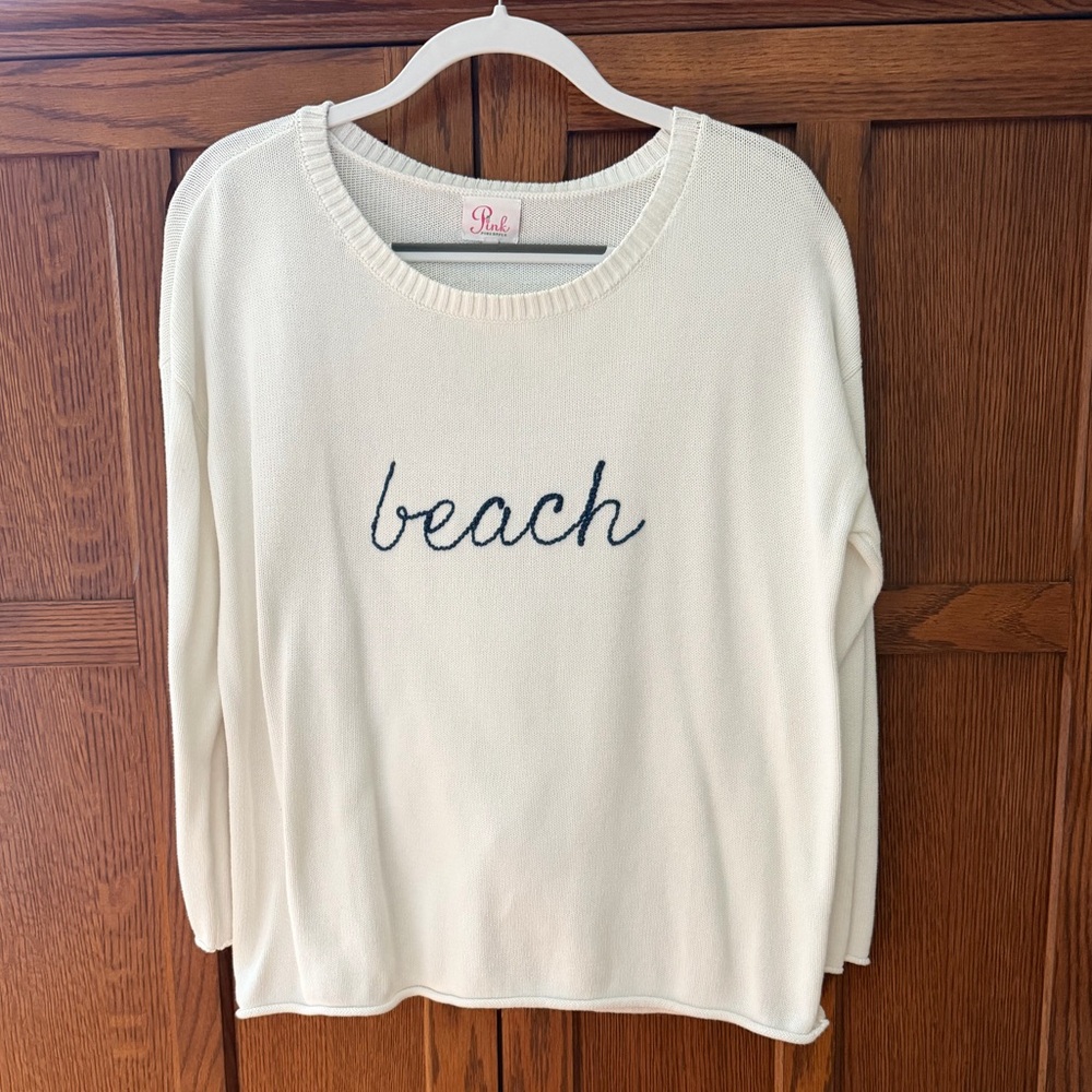 Pink Pineapple Boxy Cotton Sweater with 'Beach' Embroidery